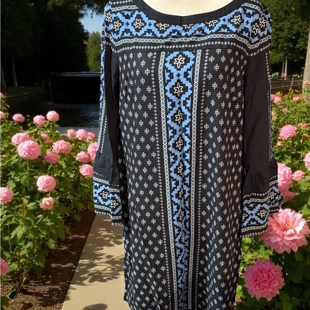 LOFT Black and Blue Patterned Midi Dress